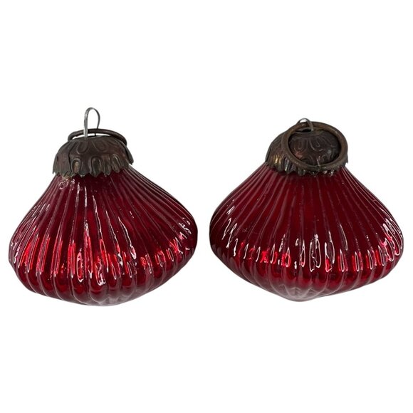 3 Modern Kugel Style Glass Christmas Tree Ornaments Ribbed Red Blue Metal Caps - Picture 7 of 12